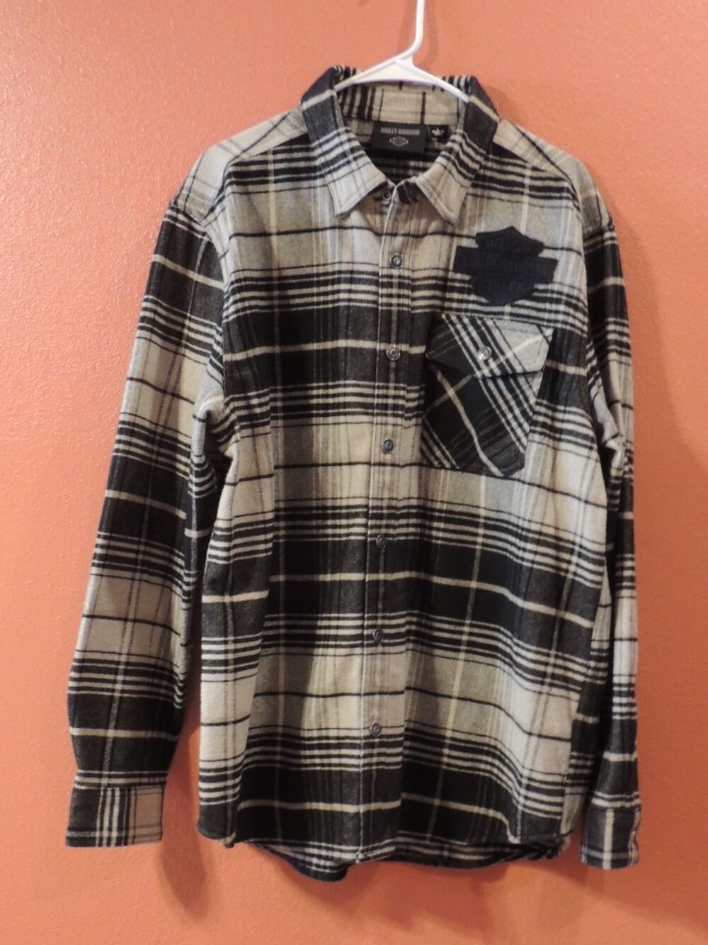 Harley Davidson Shirt Men Large Black Tan Grey Flannel Pocket Snap Button Shirt